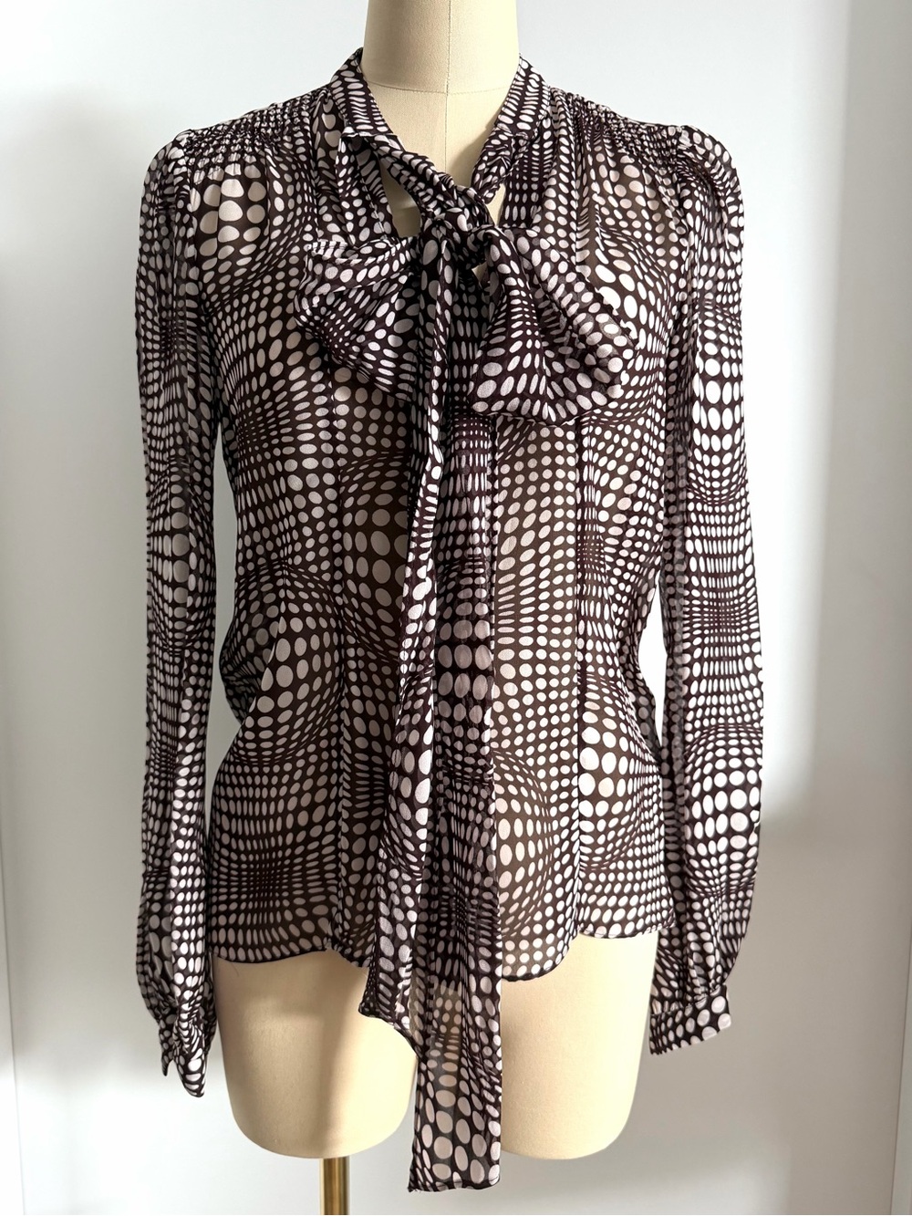 NWT ZARA Woman Chocolate Brown/Cream Retro Polka Dot Tie-Neck Blouse XS